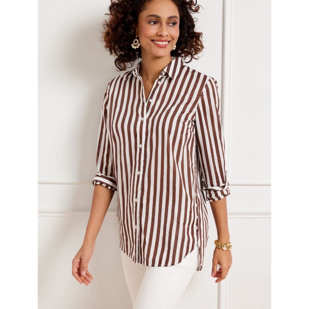 Talbots Side Button Boyfriend Shirt Womens Large Brown Stripe Cotton Voile Sheer
